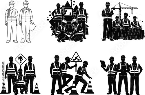 Construction workers vector illustration, safety gear team, roadwork and planning scenes, teamwork coordination, reflective vest crew, site management, utility labor concept