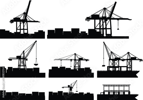Container crane silhouettes, port infrastructure vector set, cargo handling equipment, maritime logistics illustration, shipping terminal operations, dockside industrial machinery graphic