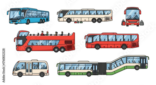A diverse collection of public transport vehicle illustrations, featuring city buses, a tour coach, and an articulated bus design set