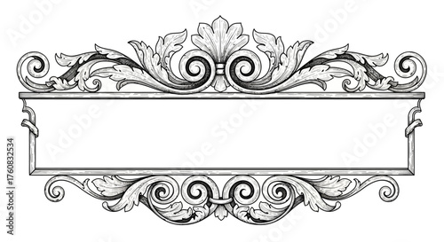 Hand drawn baroque style decorative banner frame with detailed acanthus leaf scrolls and filigree ornamentation