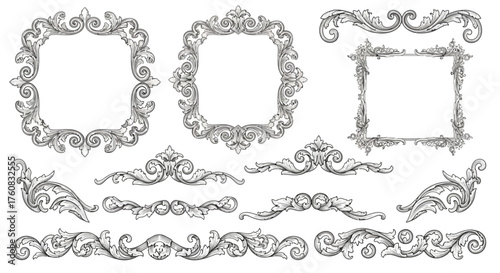 Elegant Ornate Vector Frames, Decorative Borders, and Flourishes Set | Classic Baroque Scrollwork for Vintage Design and Invitations