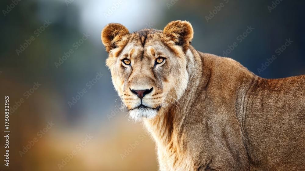 Naklejka premium ferocity. Lioness portrait with intense gaze and detailed fur in golden savannah setting. wildlife magazines, conservation campaigns, designed for wildlife conservation campaigns.
