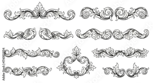 Collection of hand-drawn vintage decorative elements in a classic baroque style. Ornate floral scrolls and elegant filigree page dividers