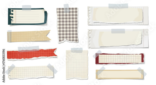 Collection of various torn paper scraps and sticky notes with tape, on a white background