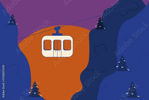 Vector illustration of cable car in the Alps. Funicular in the Alpines mountains on the sunset background. Winter nature banner EPS 10