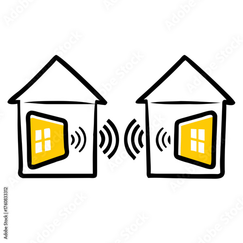 Two houses communicating with sound waves symbolizing neighborly connection in a friendly style
