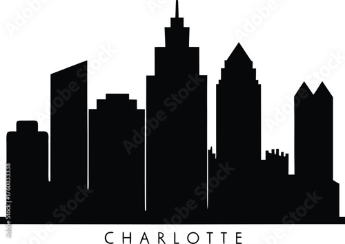 Charlotte skyline horizontal banner. Black and white silhouette of Charlotte, North Carolina Vector. Charlotte North Carolina Skyline Vector Silhouette Illustration