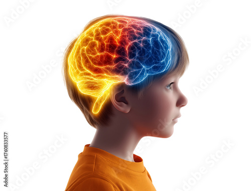 Child's Brain Hemispheres: Conceptual Visualization of Dual Activation and Neural Activity isolated on a transparent background