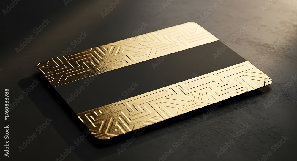 Fototapeta premium Elegant gold credit card with intricate patterns resting on a textured surface, soft lighting highlights details
