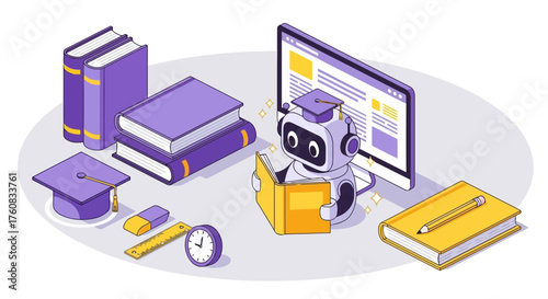 Vector art of robot reading a book in front of computer, surrounded by books and school supplies