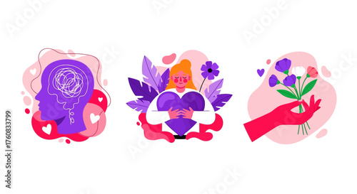 Vector art of mental health and selfcare concept with woman holding heart