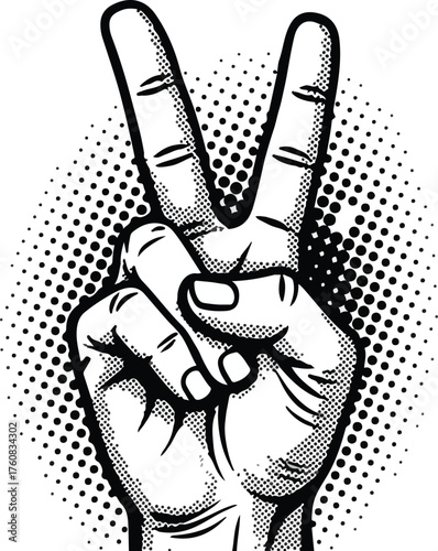 Retro Pop Art Style Victory Hand Gesture – Black and White Halftone Peace Sign Illustration