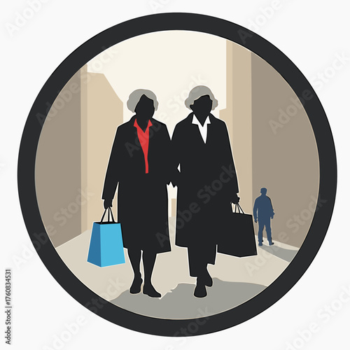 Two elderly women shopping together while walking in city alley  