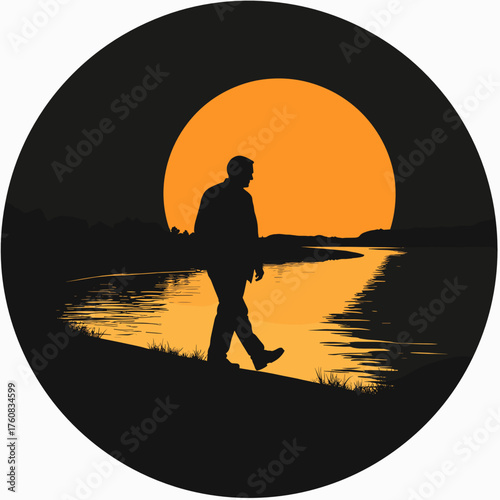 Man walking by the river at sunset with orange sky background  
