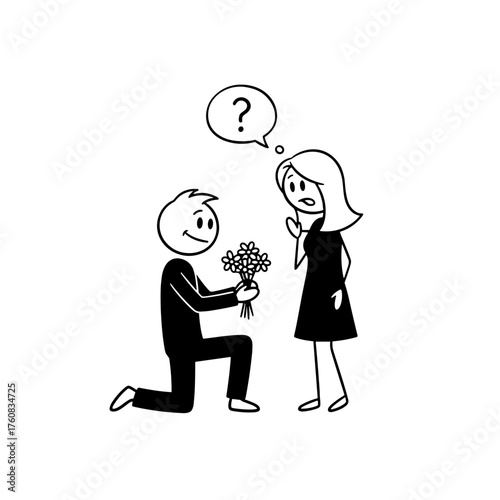 Man proposing with flowers while woman looks surprised and confused  