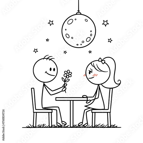 Stick figures on romantic date with flower under moonlight stars  