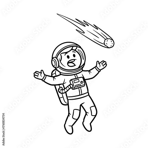 Astronaut expressing surprise while floating in space with comet  