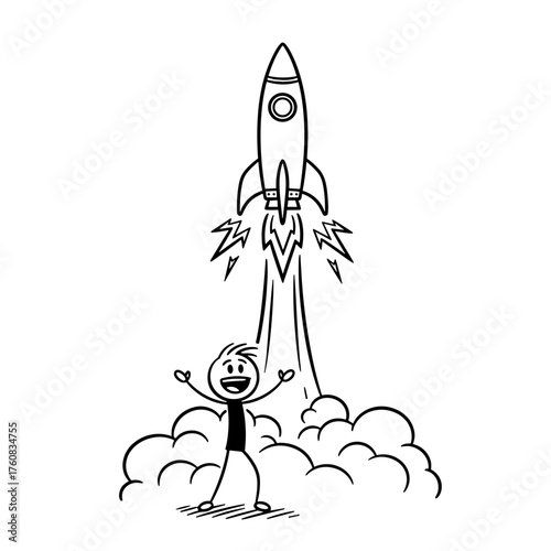 Stick figure celebrating rocket launch with smoke and fire  