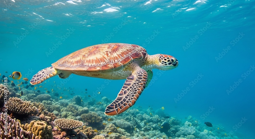 Fototapeta premium Sea Turtle in Coral Reef, Underwater Photography, Tropical Environment, Vibrant Viewpoint, Marine Life Concept