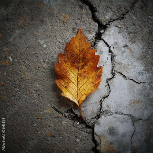 Autumn leaf frozen inside cracked concrete block, conceptual nature vs industry theme.