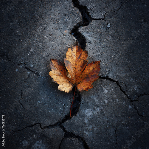 Autumn leaf frozen inside cracked concrete block, conceptual nature vs industry theme.