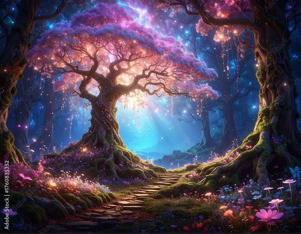 Fototapeta premium A vibrant, luminous forest scene with a glowing tree at the heart