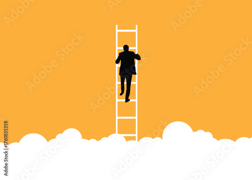 Business Man Climbing up into the Sky Silhouette. Achieving goals and overcoming difficulties vector art