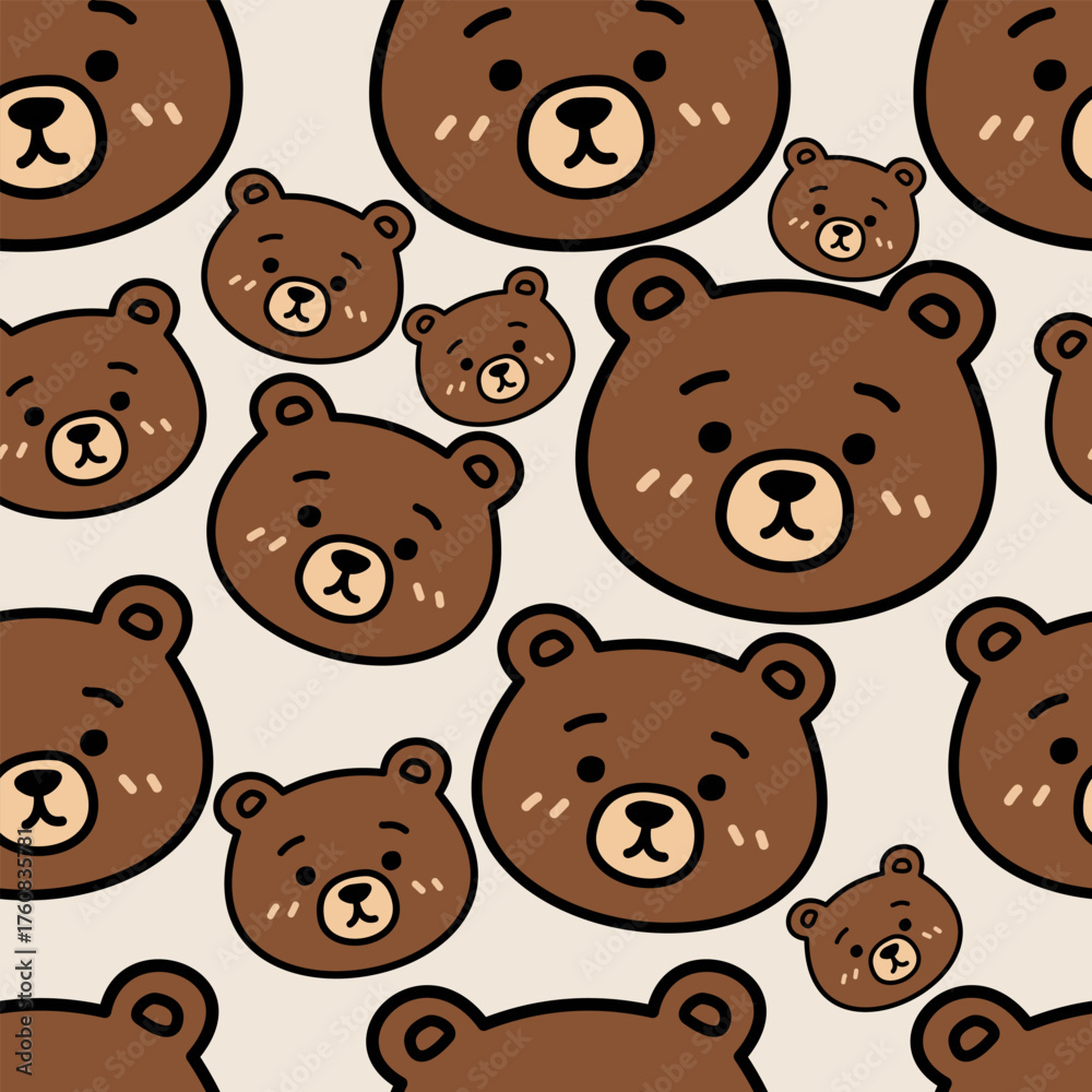 Obraz premium Cute hand-drawn brown bear heads seamless pattern