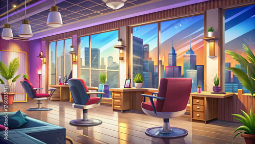 Very beautiful vector cartoon illustration of a luxurious hair salon with panoramic city views, modern furniture, and elegant lighting — offering a spacious, stylish, and relaxing atmosphere for beaut