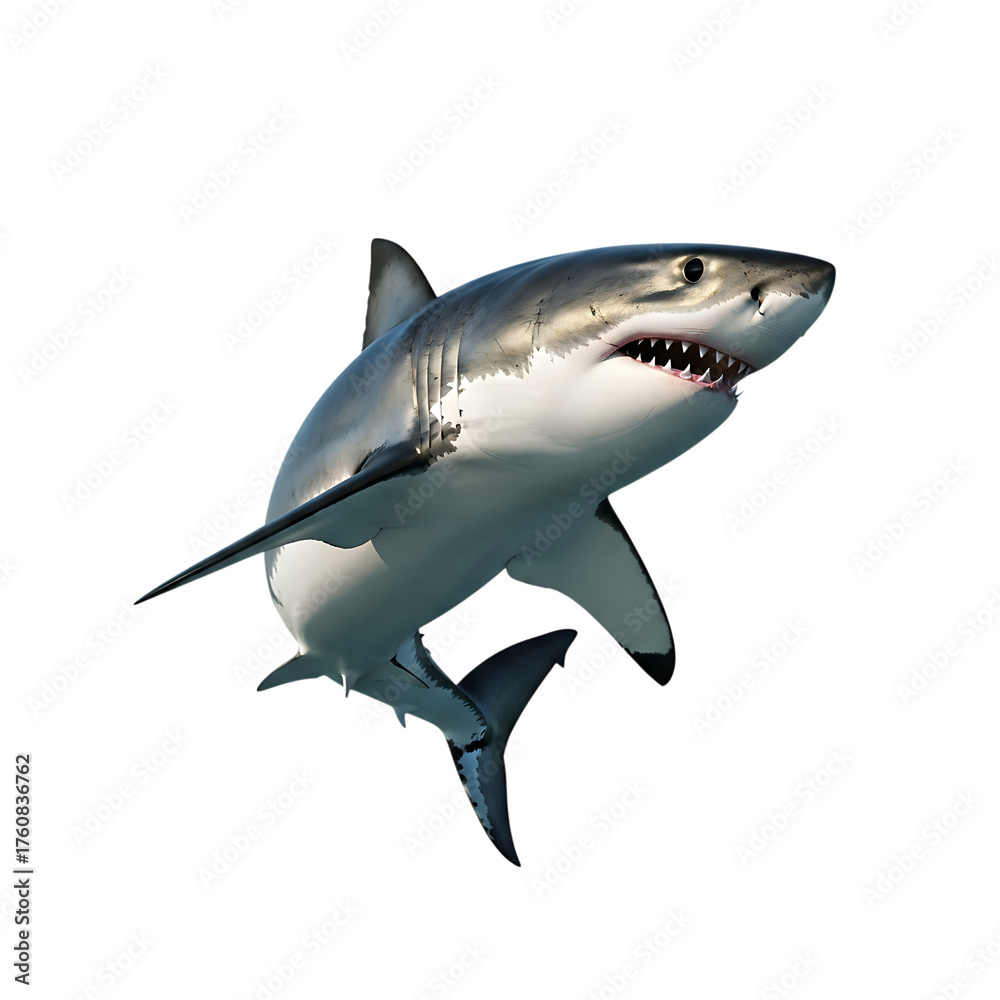 Fototapeta premium Great White Shark, with open mouth and sharp teeth swimming underwater, cutout, PNG isolated on white or transparent background
