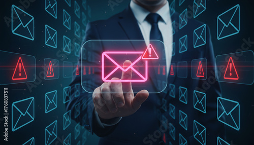 Cybersecurity Action, Email Security Alert, Business Office, Digital Illustration, Technology Environment, Front View, Phishing Threat Concept