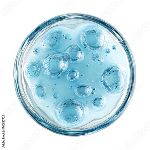 Abstract 3D render of cosmetic serum bubbles or science cells. Hyaluronic acid molecules for hydration concept. Isolated on black background.