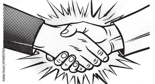 Retro Comic Style Handshake Illustration — Business Agreement, Partnership, and Cooperation Concept in Pop Art Design