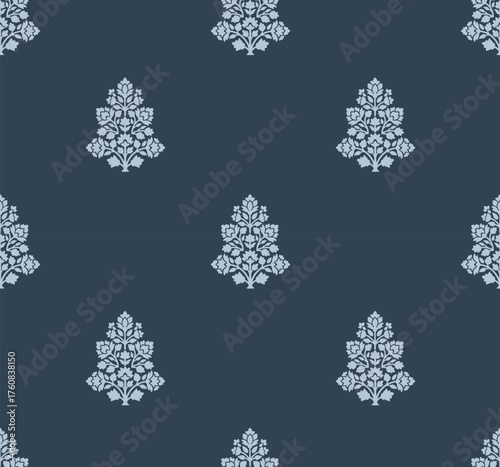 Elegant ornamental fabric print in traditional style. Hand drawn antique floral block print.