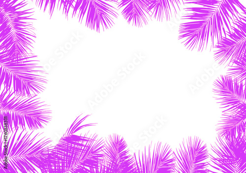 Vibrant purple palm leaves frame a clean white center, creating a bold, tropical border with high contrast and a fun, energetic, summery aesthetic.