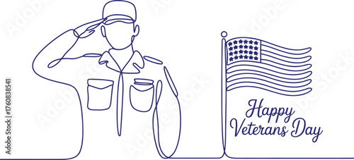 Happy veterans day line art illustration with soldier and american flag design