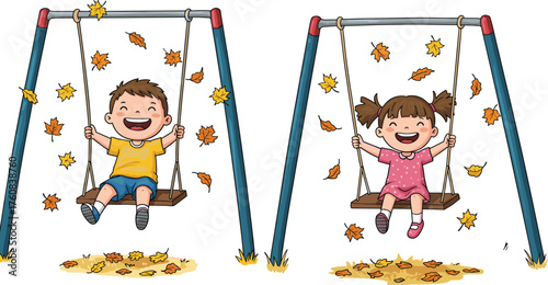 Children playing on swings, autumn leaves falling, joyful outdoor activity, seasonal fun, happy kids, nature park, carefree moment, fall playground scene