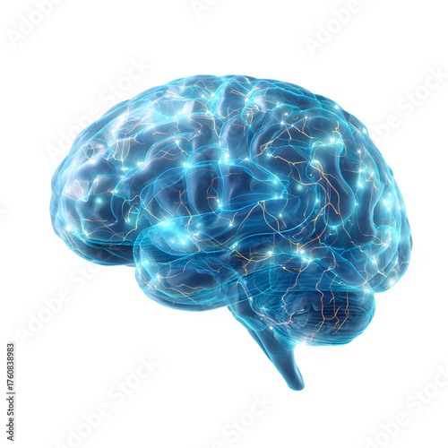 Glowing blue human brain with active neural network. Concept of AI, consciousness, and thinking. 3D illustration isolated on black background.