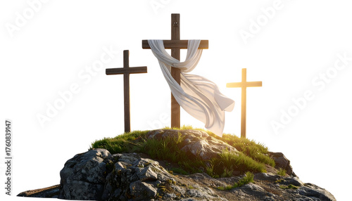 Three Easter Crosses on Hilltop with Flowing White Fabric, Sunrise