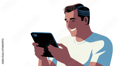 Illustration of a middle-aged man using his smartphone. Looks happy, looks pleased. Communication. SNS. Dating app.