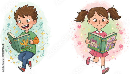 Children reading books, fantasy and fairy tale themes, magical background, storytelling illustration, cartoon kids, education, imagination, learning, adventure, joy