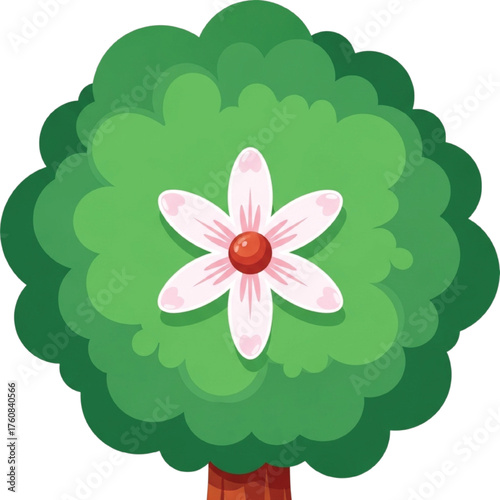 Cartoon Green Tree with Pink Flower and Red Center vector illustration