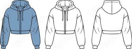Cropped hoodie technical fashion illustration, front back side view garment sketch, apparel flat drawing with hood, puff sleeve, ribbed waistband, vector template for clothing design