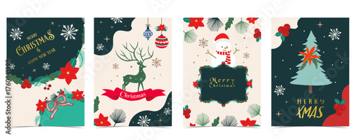 Cute christmas postcard with flower,christmas tree,reindeer,bow,snowman.vector illustration for kid card invitation and new year design