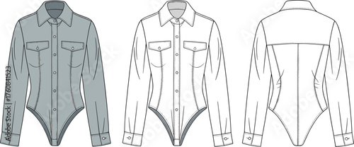Women’s bodysuit shirt fashion flat, technical garment sketch, front and back view, collared blouse design, long sleeve button down, apparel template illustration