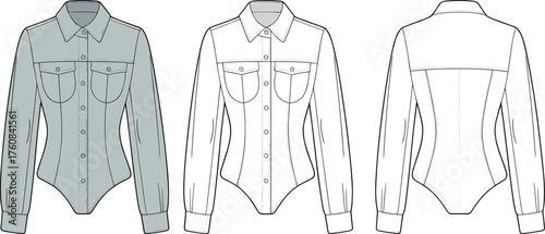 Women’s bodysuit shirt fashion flat sketch, technical apparel illustration with collar, long sleeves, chest pockets, button front, back yoke, garment design template drawing