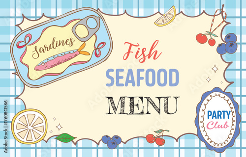 Vintage pastel canned sardine,lemon,cherry frame on blue gingham background in retro cartoon vector illustration style for summer party design
