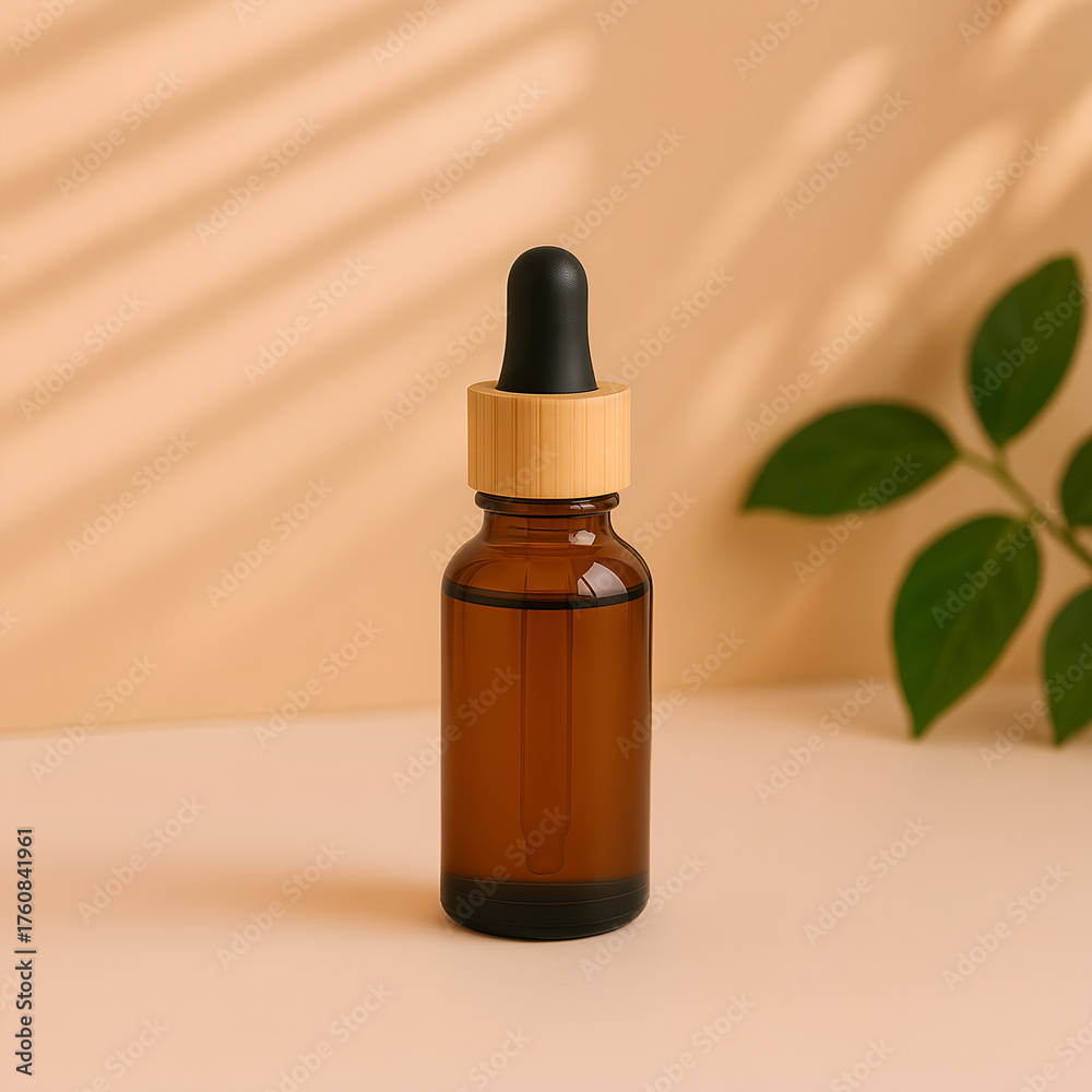 Naklejka premium The small brown glass bottle of essential oil with a dropper is framed by green leaves, suggesting natural aromatherapy and beauty