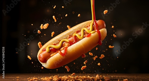 Delicious hotdog with mustard and ketchup pouring onto the bun with crispy topping