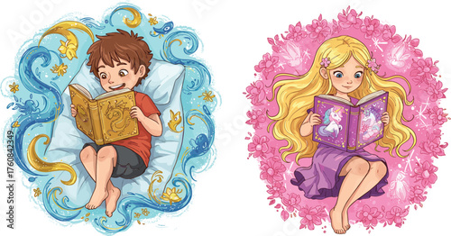 Children reading books, magical imagination, fantasy background, storytelling illustration, whimsical scene, boy and girl, colorful art, dreamy atmosphere, education, creativityChildren reading 